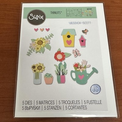 Sizzix Thinlits 5 Dies Jessica Scott 665341 Birdhouse Watering Can Flowers Set
