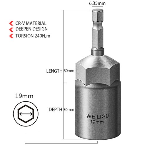 1/4" Hex Steckschlüssel Einsatz Stecknuss Nuss Drill Bit Lange:80mm Tief:30mm - Picture 26 of 26