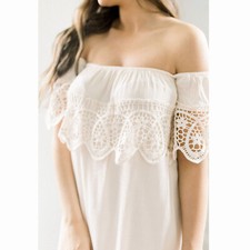 She + Sky Small Ivory Cream Boho Lace Off the Shoulder Dress Mini Pullover B32