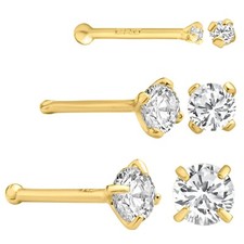 14k Solid Gold Round Cubic Zirconia Prong Setting 20g 7mm Length Bar Nose Bone