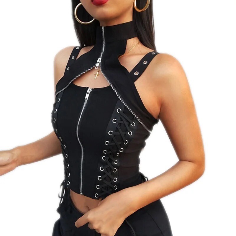 CORSET ZIP UP LACE UP TURTLE NECK VEST HALTER TOP GOTH BIKER