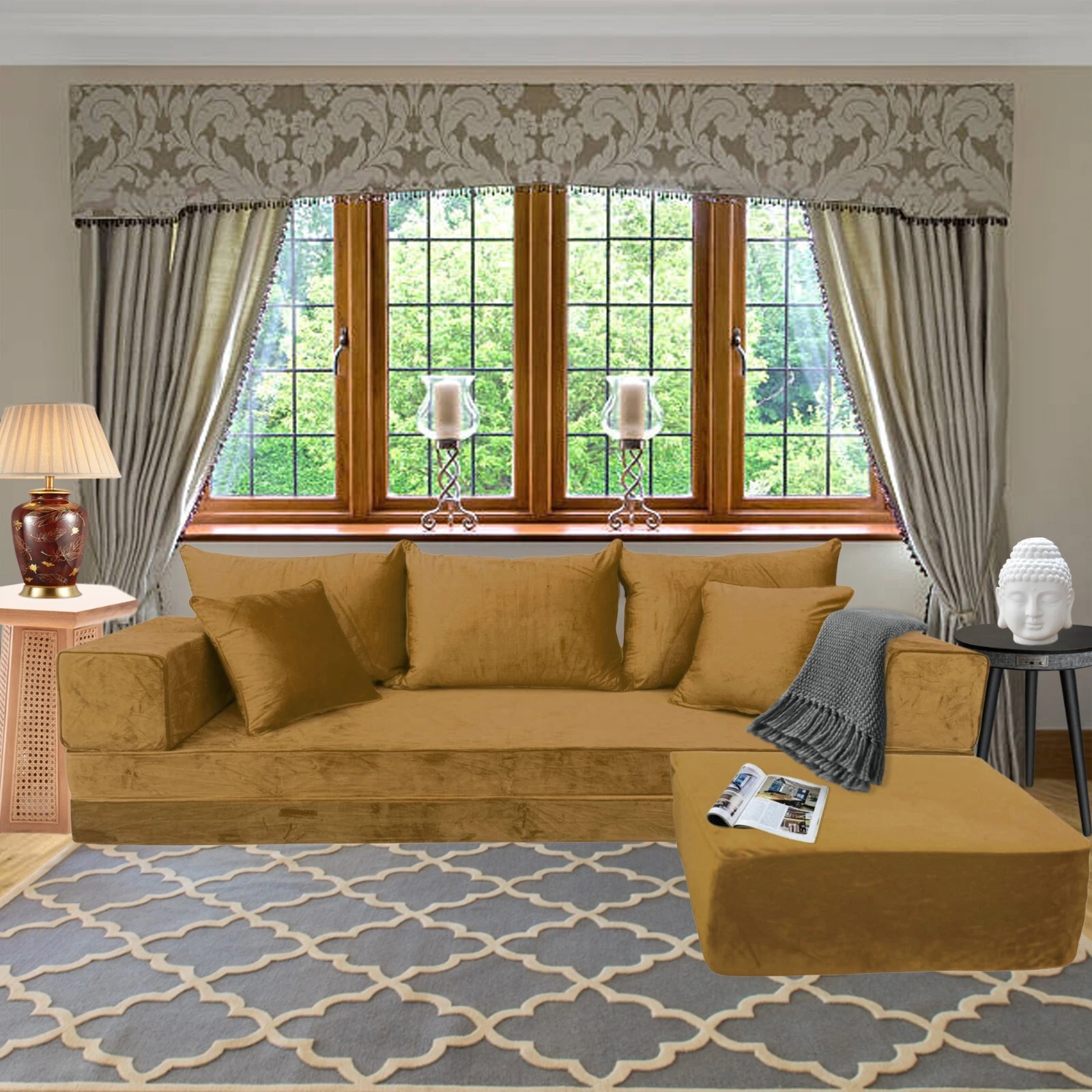 Arabic MAJLIS Sofa | Corner HANDMADE Gold Velvet SOFA Set | Boho FLOOR Cushions