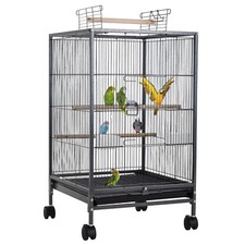 35/53-Inch Wrought Iron Bird Cage with Play Open Top and Rolling Stand, Black