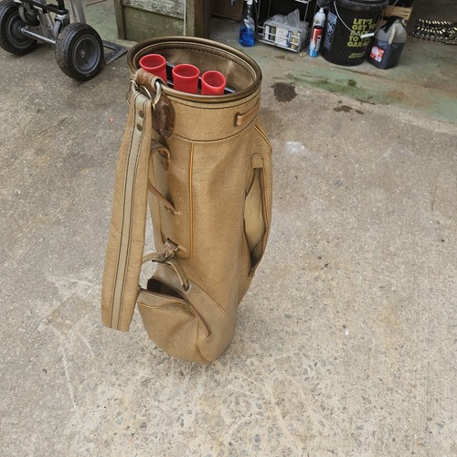 Golf Bag Brown Leather Shoulder Carry Club Holders 3 Divider 2 Pocket Gold Trim - Picture 12 of 18