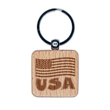 USA United States of America with Waving Flag Cute Engraved Wood Square Keychain