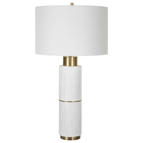 Textured White Faux Wood Column Table Lamp Cylinder Brass Gold MidCentury Modern - Picture 4 of 9