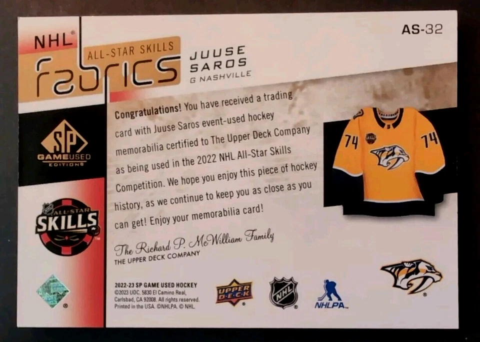 JUUSE SAROS PATCH 2022-23 UD SP GAME USED 16/49 NHL FABRIC PATCH AS-32 NASHVILLE - Image 2 of 4