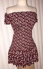 NWT Zara Floral Burgundy Red Short Sleeve Smocked Short Mini Dress Large $49.90