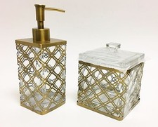 Neuf 2 PC Set Verre + or Ancien,Laiton Métal Cadre Extérieur Savon Flacon +