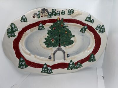 Vintage Spode Christmas Tree Village Skating Pond Porcelain Cookie Platter 2002