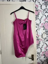 Hot Pink Satin Diamante Sparkly Hem Mini Dress Size 10 Pretty Little Thing *NEW*