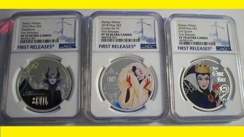 2018 Disney 3 Oz Colorized Silver 3 COINS SET $2 VILLAINS ALL NGC PF 70 UC ER