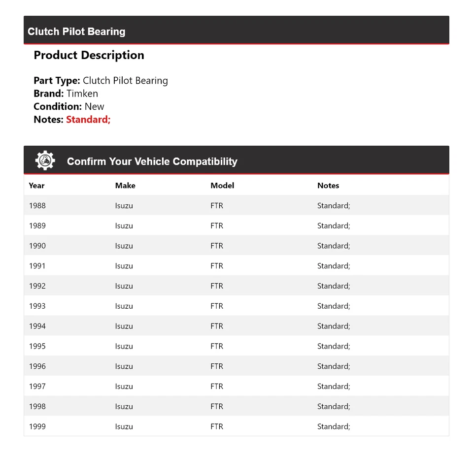 Cojinete piloto embrague Isuzu FTR 1988-1999 Timken 1989 1990 1991 1992 1993 Foto 2 de 4