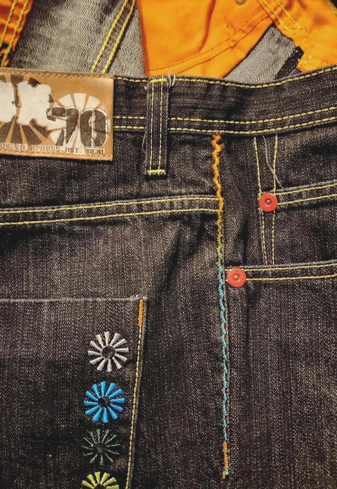 Pantalones de mezclilla para hombre Brooklyn Xpress lavado oscuro negro naranja bordado 40 X 31,5 bolsillos Foto 3 de 4