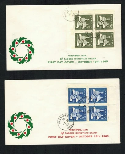 Canada #433p-434p, 1965 Gifts of the Wise Men Tagged plate blocks, Caneco FDC's