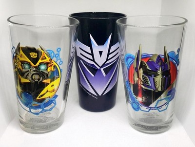 3 Transformer Hasbro 16oz Glass Drinking Cups Optimus Bumblebee Fast Shipping