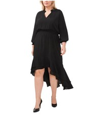 Vince Camuto Womens Smocked Trim High-Low Dress, black, Plus Size, 1X