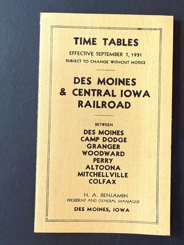 1931 Des Moines & Central Iowa Pocket Time Tables Railroad