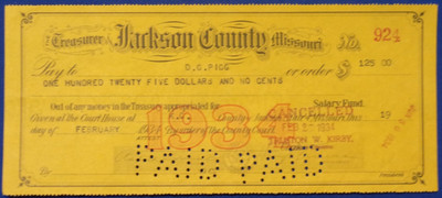 1934 Jackson County, MO Treasurer's Check SIGNED BY PRESIDENT HARRY S. TRUMAN.