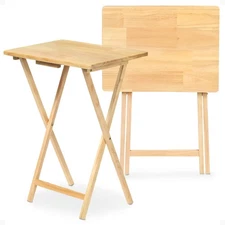 PJ Wood Folding Portable TV Snack Tray Table with Natural Finish, 2 Piece Set