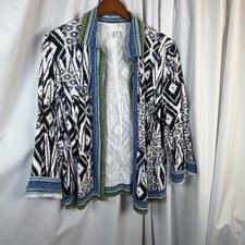 Chicos Jacket Size 3 Womens Open Front Cotton Lined White Blue Aztec Large Linen