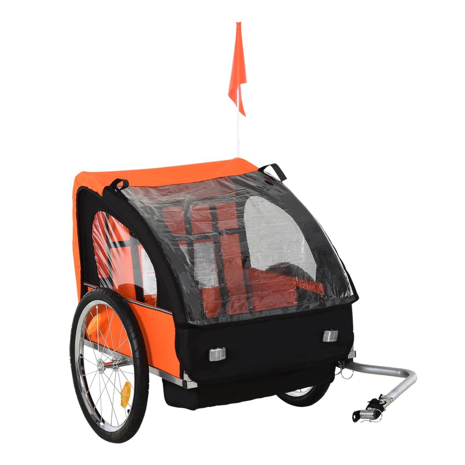 Child Bike Trailer Orange Comfortable Seat Safety Harness Double Kids Carrier