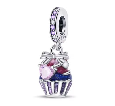 925 Sterling Silber süß lila Cupcake Anhänger Charm passt Original Armband