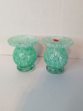 VTG Italian Decorative Murano Glass Vase Mid Century Handblown Green Set Of 2