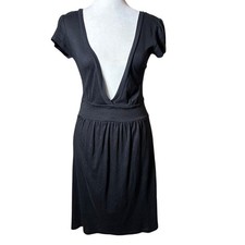 Sharon Segal Dress Size Medium Black V Neck Short Sleeve Ruched Waist