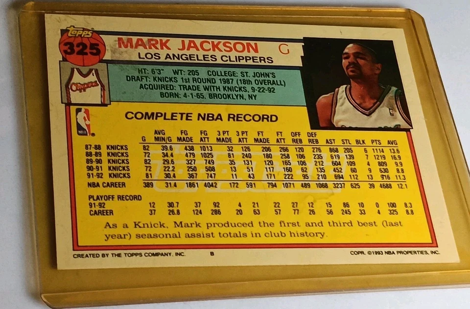1992-93 Topps Mark Jackson #325 Los Angeles Clippers - Image 2 of 4