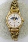 Vintage Women Timex Moon Phase Watch Gold Tone Etched Stretch Band Needs Battery
