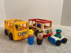 Vintage Fisher Price Mini Bus, School Bus, Blue/White Car and Little People Set