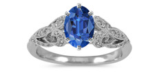 Vintage Style Silver Women;s Oval Blue Sapphire  Round White CZ Engagement Ring