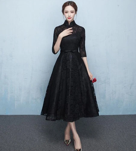 Chinesischer Stil Spitze Blumen Langarm schwarz Kleider Damen formell Cocktailkleid - Bild 14 von 17