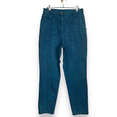 Vintage Jeans Yoke Front Seams Blue Greenish Women Mom Jeans Unique Retro Dyed
