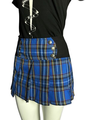 Royal Bones by Tripp NYC Goth Punk Gothic Pleated Blue Plaid Y2K Mini Skirt 