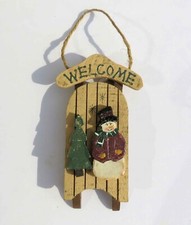 Welcome Snowman Plaque Sled Winter Christmas Holiday Wall Door Wood Hanger Decor