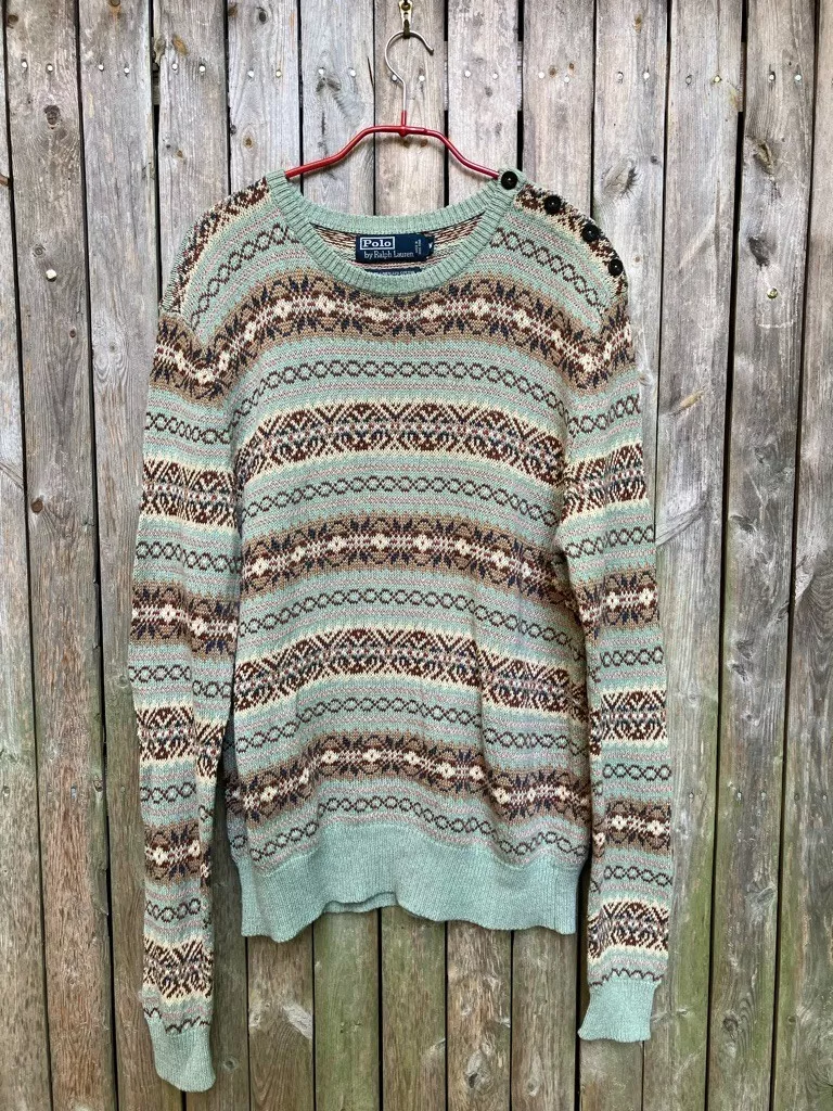 Vintage 90s Polo linen silk blend Fair Isle sweater, M, Made in Hong Kong, Exc.