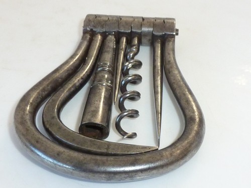 Antique Corkscrew Bow Five Multi Tool folding Pocket Awl Hoof Pick Screw Driver - Picture 3 of 10