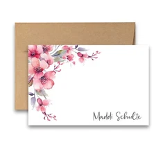PERSONALIZED - 12 Flat Note cards Floral Stationery with Envelopes - Pink Floral