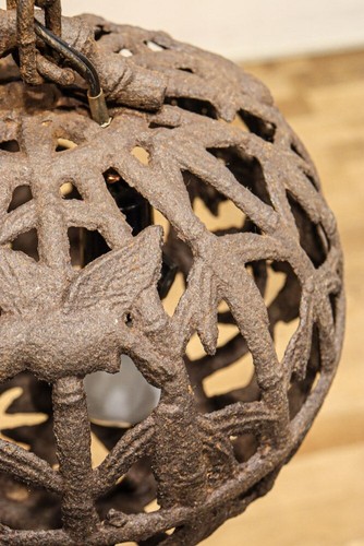 Japanese Iron hanging lantern TORO Sparrow & Bamboo SUKASHI TAISHO w10.4" *62 - Picture 14 of 24