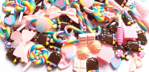 10pc/20pc/50pc Pink bow & fake candy kawaii cabochons, decoden craft supplies - Afbeelding 1 van 8