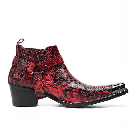 Men High Heel Rivets Snakeskin Pattern Serpentine Leather Metal Toe Ankle Boots - Picture 9 of 22