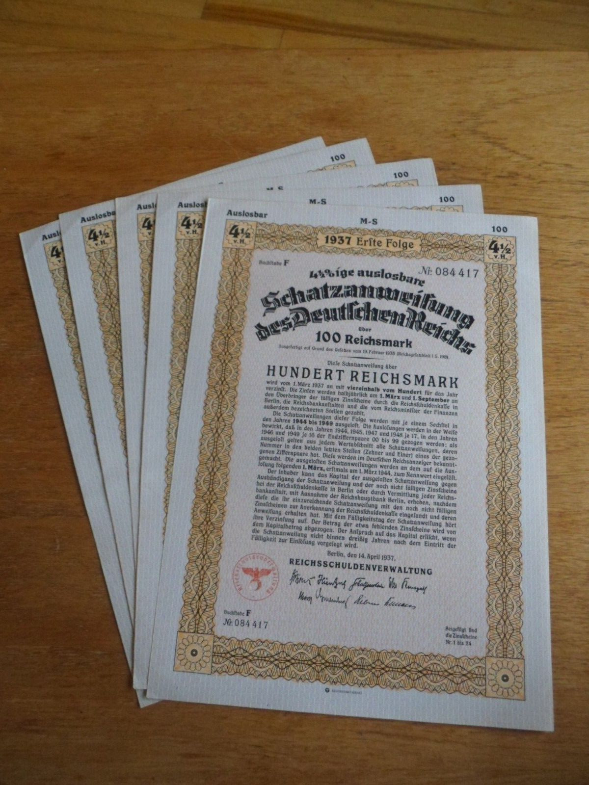 1937 3Rd Reich German Treasury Bill-100 Reichsmarks-Beautiful Piece Of History