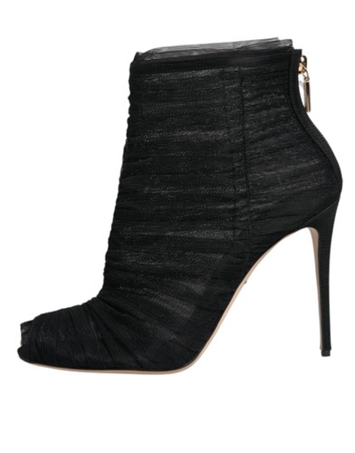 Dolce&Gabbana Women Black Ankle Boots Mesh Peep Toe Zip High Heel Booties EUR 40 - Picture 6 of 8