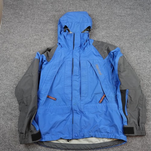 Vintage Marmot Goretex Jacket Mens Medium Blue Hooded 3 Ply Ski Shell Waterproof - Picture 1 of 12