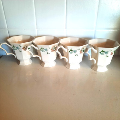 4 Vintage  Footed Pedestal Cups--Independence Ironstone-Old Orchard-Japan-GUC