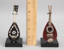 2 Miniature Antique Grand Tour Carved Wood Stringed Guitar Mandolin Souvenirs NR