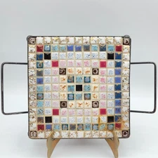 Vintage Mid Century MCM Multicolor Ceramic Mosaic Tile Trivets Metal Handles