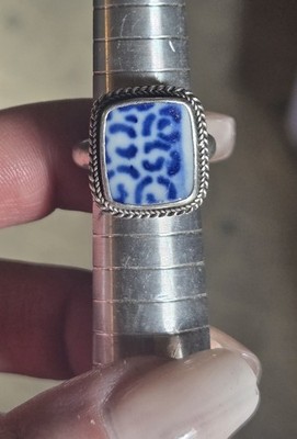 BASK Handcrafted Sterling Silver Ring Blue White Porcelain Square Size 7 